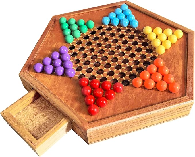 HOLYKING 12.6 Inchs Wooden Chinese Checkers with Drawer-Traditional Board Game with Set of 16mm 60+12 Colorful Acrylic Marbles, Classic Strategy Family Game for up to 6 Players