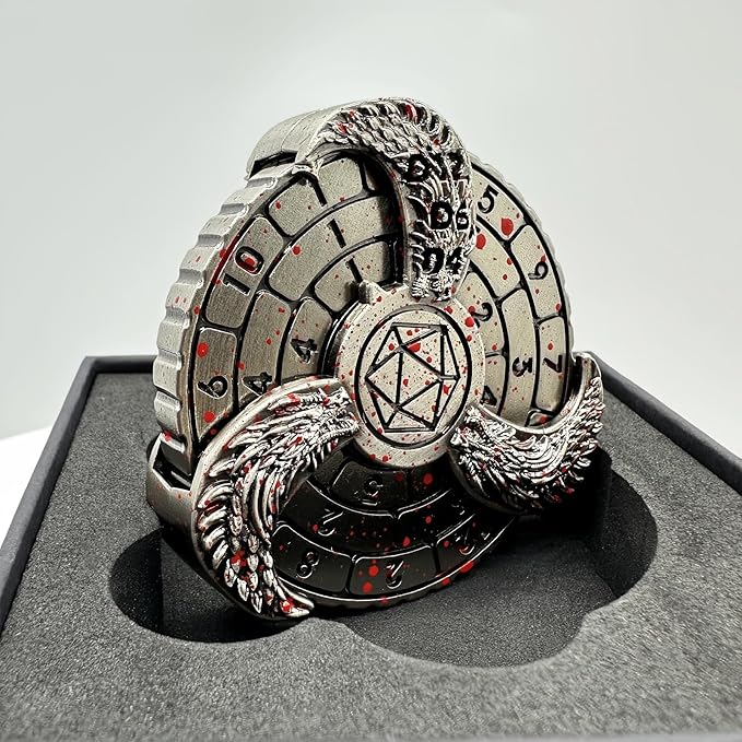 D&D Themed Fidget Spinner, dice Spinner, D4,D6, D8, D10, D12,D20,D% 7-in-1 Metal dice, Perfect for D&D Dungeons and Dragons, RPG and Pathfinder Role Playing Games (Bloodstain)