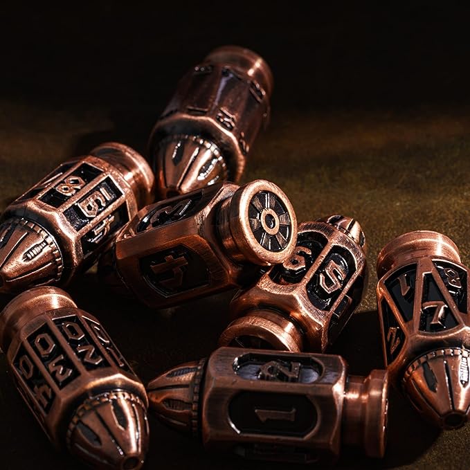 UDIXI Metal DND Bullet Dice Set with Metal Container, 7-Die Polyhedral Dice Set Cyberpunk Style for D&D, Role Playing Game or Other Tabletop Games（Ancient Copper）