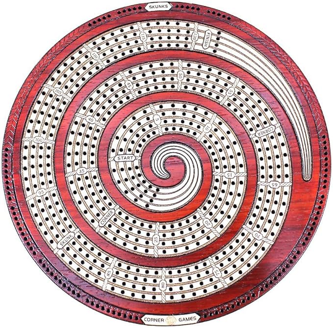 Cribbage Board Spiral Design Round Shape 4 Tracks Bloodwood/Maple with Place for Skunks, Corners & Won Games