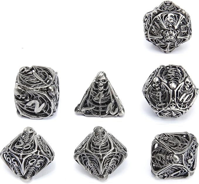 Metal Skull Dice Set Hollow Multi-Sided Dungeons & Dragons Dice 7CPS Role-Playing Dice Set with Flannel Bag Suitable for D&D Board Game Cards(Antique Nickel)