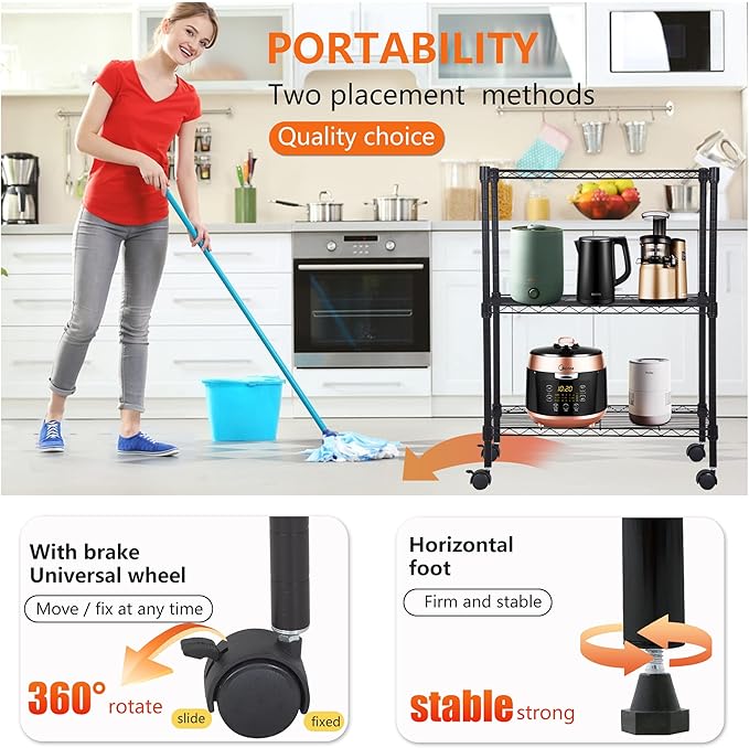 BestOffice 3-Tier Adjustable Wire Shelving Storage Shelves Heavy Duty Shelving Unit with Wheels for Small Places Kitchen Garage Balcony,Black