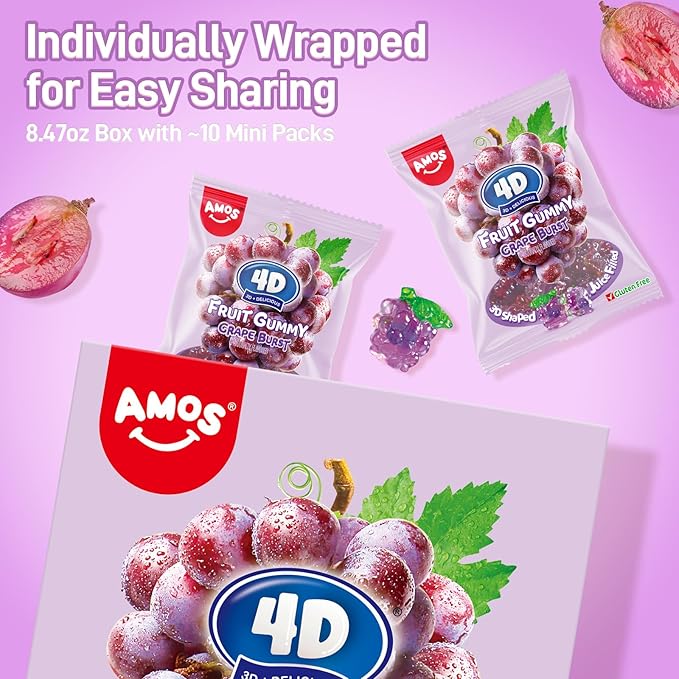 AMOS 4D Gummies Grape Burst Fruit-Shaped Gummy Candy, Natural Flavor Individual Sharing Pack For Parties, School Lunchbox & Family Movie Night Snacks 240g (8.5 Oz) | Fun, Chewy, Shareable Treat