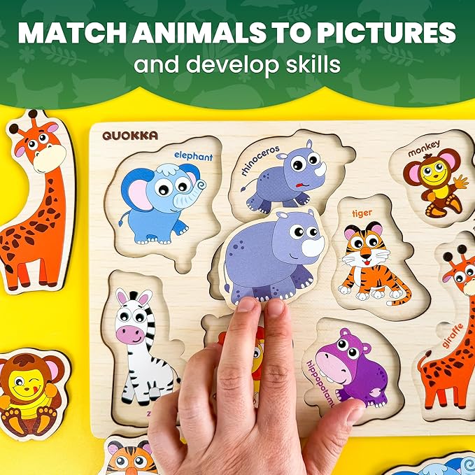 QUOKKA Wooden Puzzles for Toddlers 1-2 – 4 Set Pegged Puzzles for Kids Ages 1-2 – Animal Safari Learning Toy for Kids – Gift Realistic Educational Game for Boy and Girl