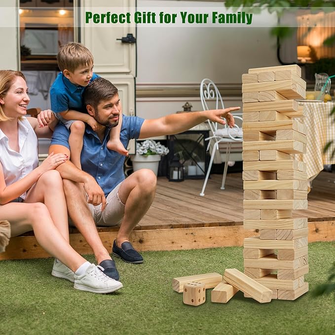 Olsa Giant Tumble Tower 57PCS Wooden Block Stacking Yard Games with Carrying Bag Classic Indoor & Outdoor Game for Adults and Family Party Games for Backyard Lawn Beach Camping (Over 4.2 Ft)