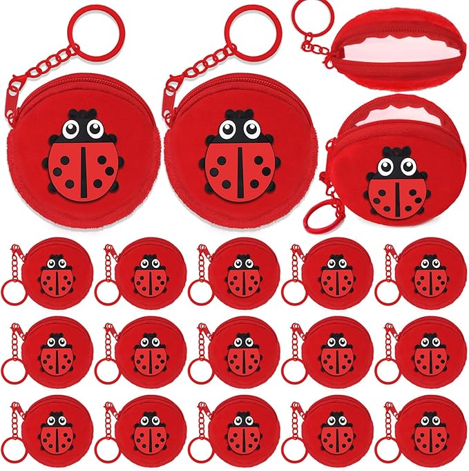 15 Pack Ladybug Mini Coin Purse with Keyrings for Ladybug Themed 1st Women Girls Birthday Insect Baby Shower Party Decoration,Red