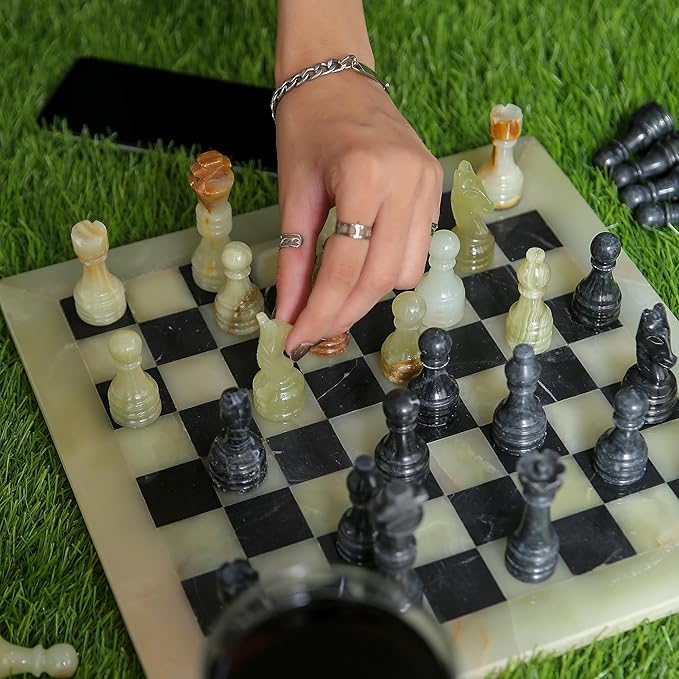 Handmade Marble Chess Set - Light Green & Black (12 x 12 Inches) - Chess Sets for Adults - Premium Quality Chess Boards - Fancy Chess Boards