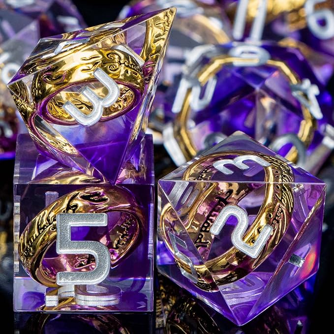 Magic Golden Ring DND Dice Set with Box, Purple Sharp Edge Handmade Lord D and D Polyhedral Dice for use with D&D Tabletop Games RPG, D20 D12 D10 D8 D6 D4