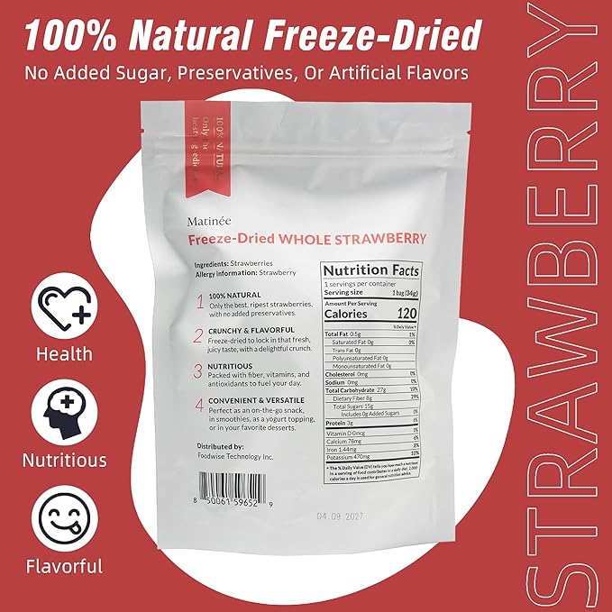 MATINÉE Freeze Dried Strawberries, Whole Dried Strawberries, Dehydrated Fruit, Dried Fruit Snack for Baking, Yogurt & Kids Treats-Vegan, Non-GMO, Preservative Free, 1.2oz, 34g (Pack of 4 Bag)