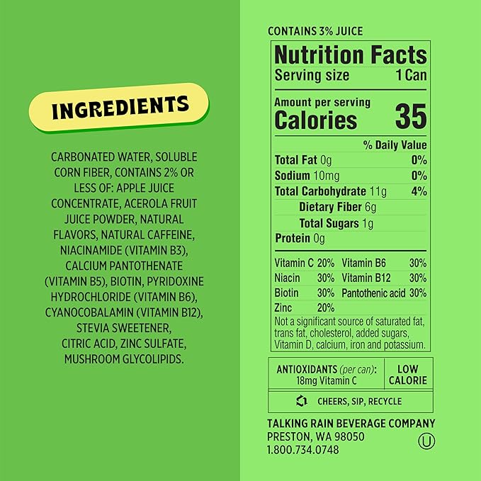 Popwell Lemon Lime Caffeinated Better-For-You Prebiotic Soda, with 6g Fiber, 1g Sugar, Vitamins and Immunity Support, 12 fl oz Cans (pack of 12)