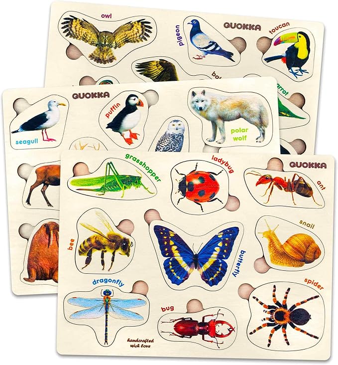 QUOKKA Wooden Puzzles for Toddlers 1-3 – 3xSET Kids Puzzles Ages 2-4 – Montessori Toy Puzzle for Toddlers 3-5 – Wood Toy Learning Realistic Insects - Arctic Animals - Birds for Boy and Girl