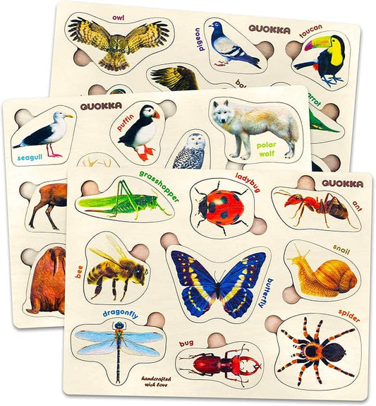QUOKKA Wooden Puzzles for Toddlers 1-3 – 3xSET Kids Puzzles Ages 2-4 – Montessori Toy Puzzle for Toddlers 3-5 – Wood Toy Learning Realistic Insects - Arctic Animals - Birds for Boy and Girl