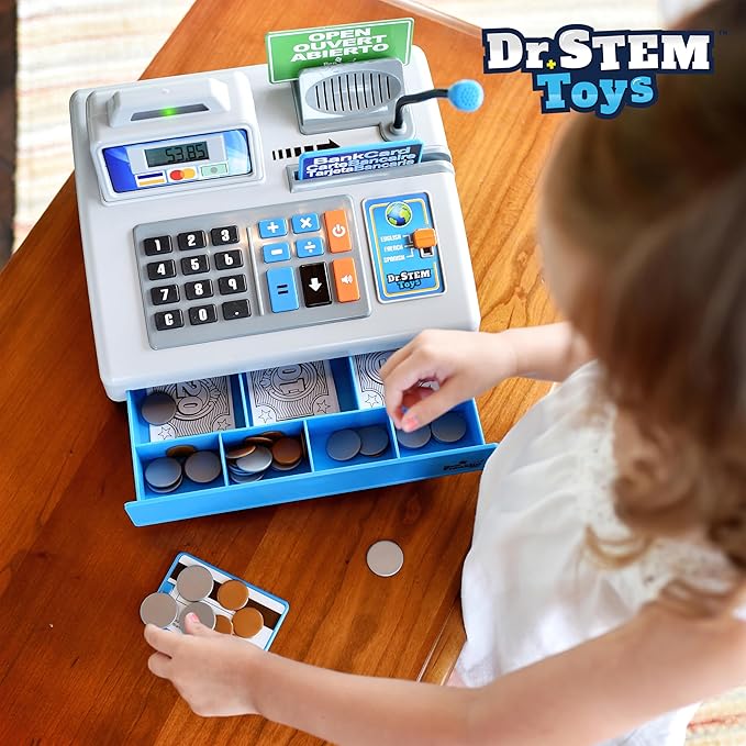 Dr. STEM Toys | Talking Toy Cash Register | STEM Learning 69 Piece Pretend Store with 3 Languages, Paging Microphone, Credit Card, Bank Card, Play Money and Banking for Kids, Silver