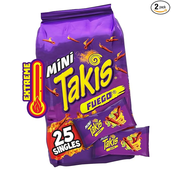 Takis Fuego Mini 25 pc / 1.23 oz Bite Size Multipack, Hot Chili Pepper & Lime Flavored Extreme Spicy Rolled Tortilla Chips (Pack of 2)