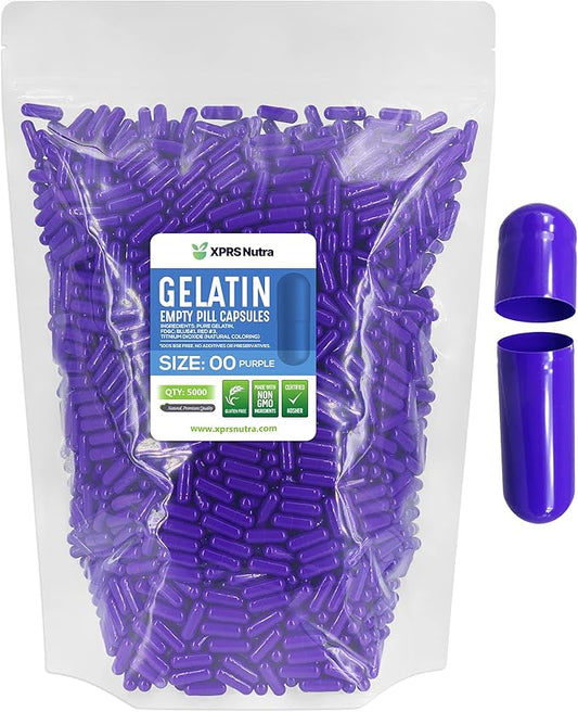 XPRS Nutra Size 00 Empty Capsules - 5000 Count Empty Gelatin Capsules - Pills DIY Capsule Filling - Fillable Pill Gel Caps for DIY Supplements (Purple)