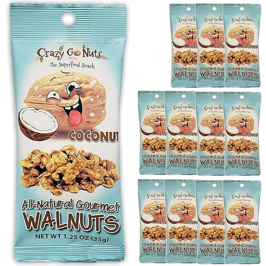 Crazy Go Nuts Walnuts - Coconut, 1.25 oz (12-Pack) - Healthy Snacks, Vegan, Gluten Free, Superfood - Natural, Non-GMO, ALA, Omega 3 Fatty Acids, Good Fats, and Antioxidants