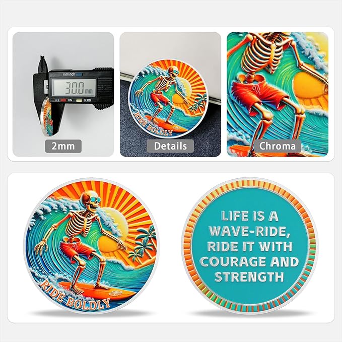 Memento Mori Coin Momento Mori Coin Skull Coin Stoic Gifts Memento Mori Calendar Living Memento Mori Amor Fati Coin (Surfing Skeleton)