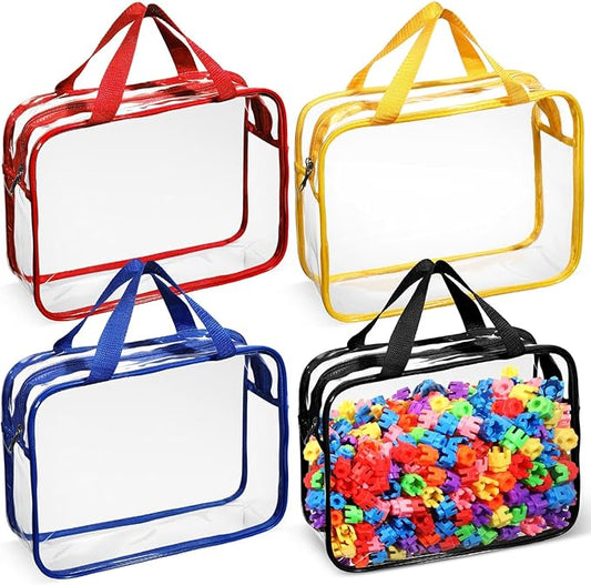 Sanwuta 4 Packs Large Toy Storage Bags Reusable Clear PVC Organizing Case Bags with Two Handles Waterproof Toy Container for Board Games, Building Blocks, Puzzles, Small Toys and Kids Books (Classic)
