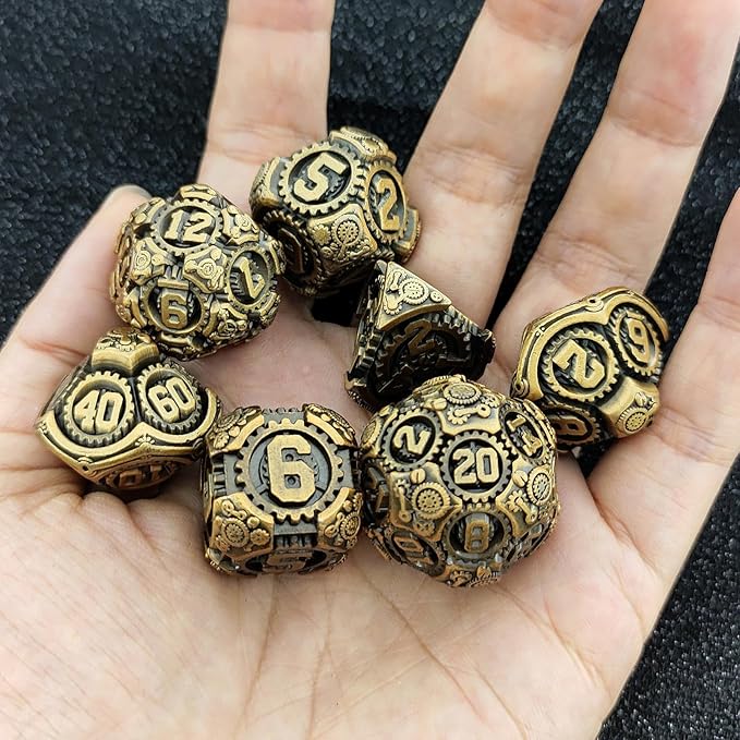 Geakeeper Construct D&D Dice, Metal DND Dice Set, 7Pcs Polyhedral Dragon Metallic D&D Dice with Gift Case for Dungeons and Dragon Game, RPG Role Playing Table Game Gifts (Ancient Gold)