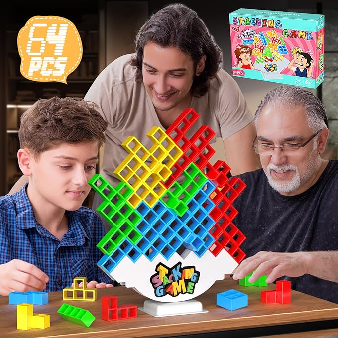 64PCS Stack Game for Adult & Kids, Tetra Board Tower Games for Family Travel Party, 2 Players Balance Stacking Toy, Team Toys Building Block