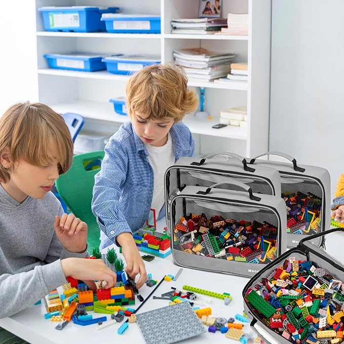 4 PCS Toys Storage Bag, Classic Bricks Building Set Storage Bag, Travel Case for Building Toys, Puzzles, Grey