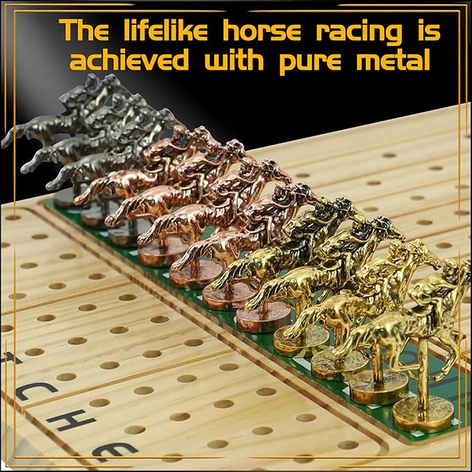 Horse Race Board Game Racing Game Thickened Solid Wood with 11 Luxurious Durable Classic Metal Horses with 2 Dice and 2 Boxes of Cards Horse Racing Game (Log Color, Rectangle)