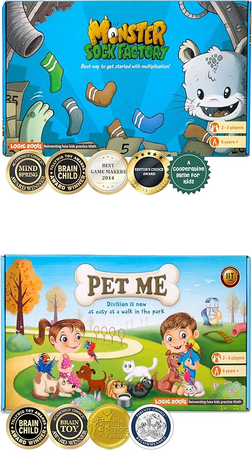 Multiplication and Division Games - Pack of 2, Pet Me and Monster Sock Factory, Math Board Games & STEM Toys for 5-9 Year Olds, Educational Gift for Kids, Homeschoolers, Grade 1 and Up