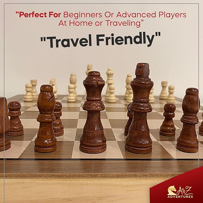 Magnetic Chess and Checkers Game Set - 15" (2 in 1) Folding Wooden Chess Sets for Adults & Kids with 2 Extra Queens | Travel Chess Board Game with Chess Pieces Storage Slots, Luxury Gift with Storage