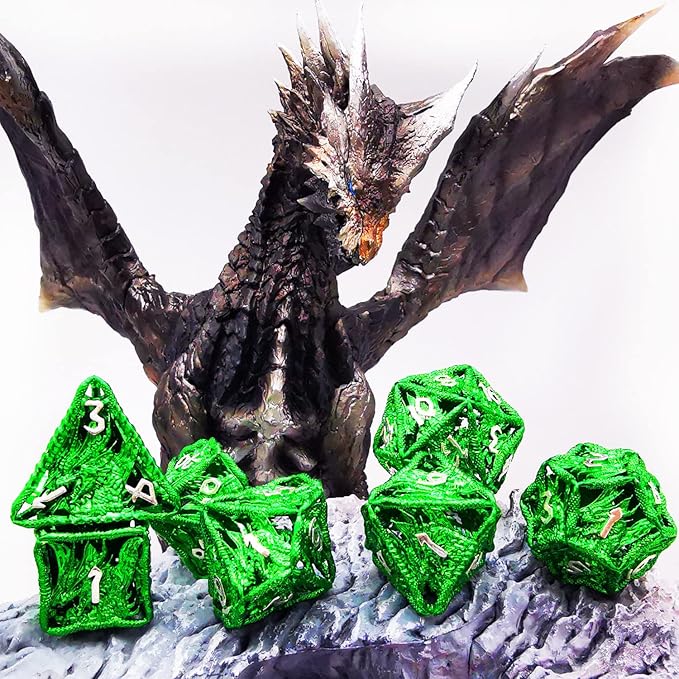 HAOMEJA Hollow Dragon Dice DND Metal Dice Set 7 Role Playing Dice D&D Dungeons and Dragons Dice (Green)