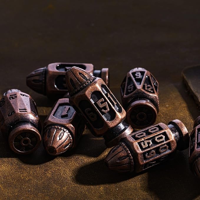 UDIXI Metal DND Bullet Dice Set with Unique Container, 7-Die Solid Polyhedral Metal Dice Set for D&D, Role Playing Game or Other Tabletop Games（Copper）