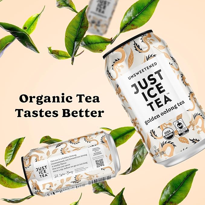 Just Ice Tea, Golden Oolong Iced Tea, 12-Pack (12oz Cans), Green Tea, USDA Certified Organic, Real Brewed, No Calories, Unsweetened, Fair Trade, Made in USA.