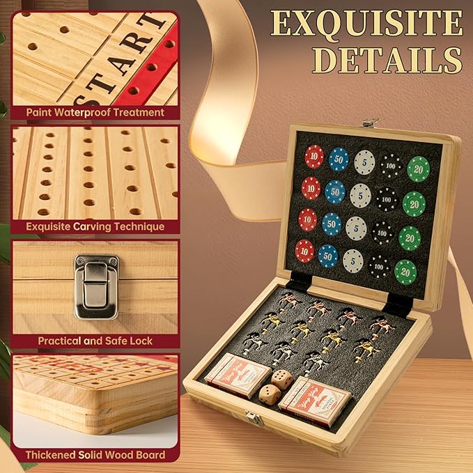 Horse Race Board Game, Large 21" Horse Racing Board Game with 11 Luxury Metal Horses, Foldable Solid Wood Horse Racing Game with Tokens, 2 Sets of Dice, 2 Boxes of Cards for Parties