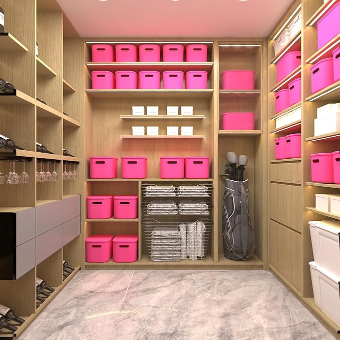 8 Pack Pink Storage Bins with Lids Stackable Storage Container for Organizing, Storage Boxes with Handle for Shelves, Cute Storage Bin for Craft, Snacks, 9.85x6.9x5.7 inch