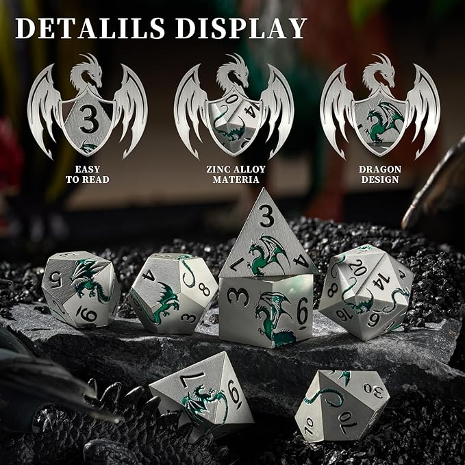 Metal DND Dice Set,Blue Dragon Heavy Metal Dice Set D&D,Dungeons and Dragon TTRPG Role Playing Table Games(Sliver Green Dragon)