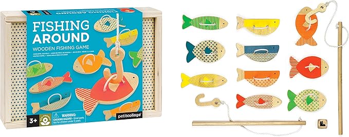 Petit Collage Fishing Around Wooden Game – Cute Kids Fishing Game for Ages 3+, Ideal for 2-4 Players – Fun Learning Game Promotes Color Recognition and Hand-Eye Coordination