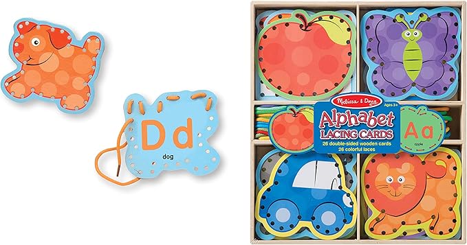 Melissa & Doug Alphabet Wooden Lacing Cards With Double-Sided Panels and Matching Laces Fine Motor Skills Threading Cards, Sewing For Preschoolers And Kids Ages 3+