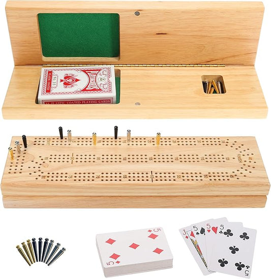WE Games Wooden Cribbage Board Game Set, Continuous 3 Track for 2-3 Players, Travel Cribbage Board with Card Storage, Includes 9 Metal Pegs & Deck of Cards, Card Games, Classic Board Games for Adults