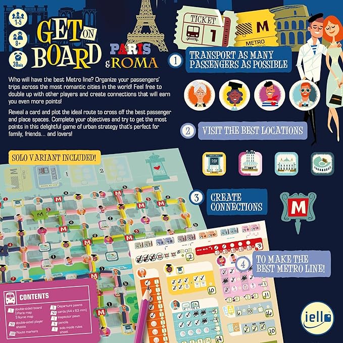 IELLO: Get On Board: Paris & Rome - A Clever Flip & Write Board Game, Create The Best Metro Line in Two Cities, Ages 8+, 1-5 Players, 30 Mins