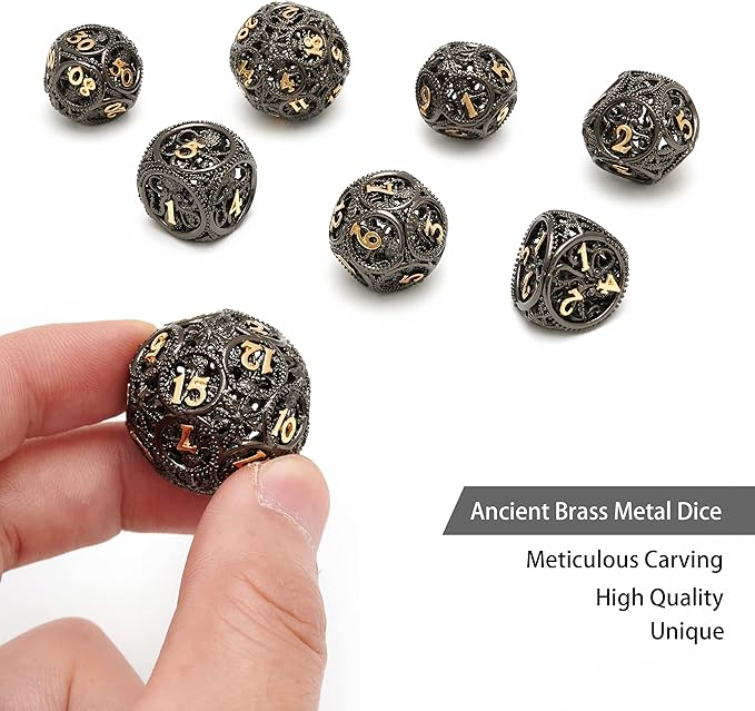DND Dice,Hollow D&D Metal Dice,Unique Round Ball Design Octopus Dice with Gift Box for Dungeons & Dragon Gaming,7 PCs Steampunk Polyhedral D and D Dic(Ball Octopus Black Gold)