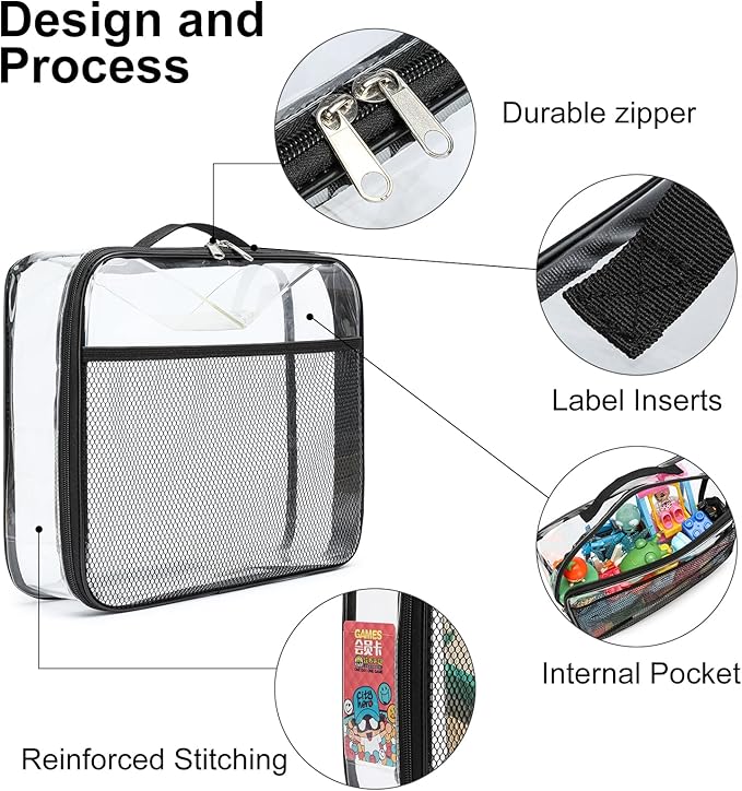 4 Pack Clear PVC Waterproof Toy Storage Bags with Name Tag Pockets - Zippered Organizer for 2x4 Building Blocks, Puzzles, Travel Toiletries, Kids Room Organization (Black, S & M)