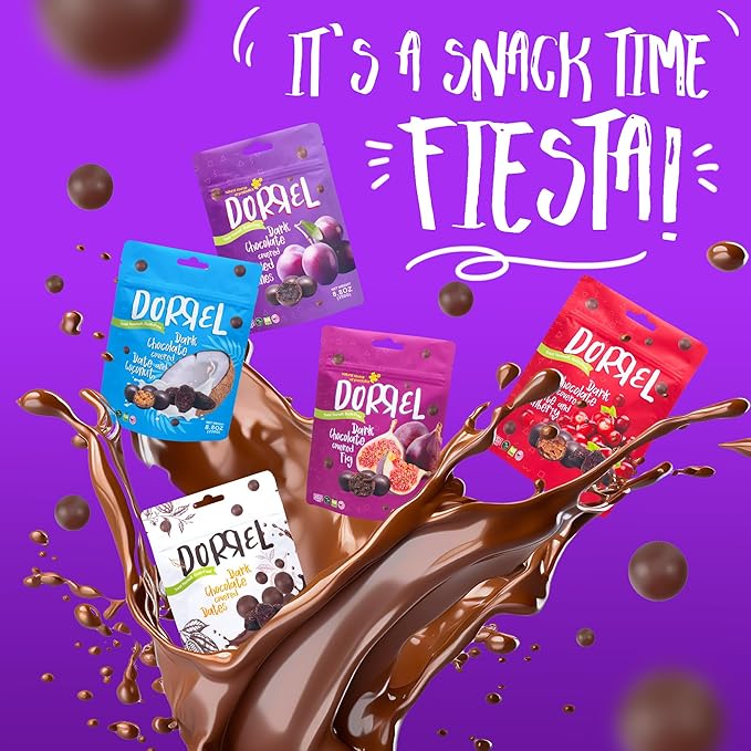 Dorrel Dark Chocolate Covered Dried Prunes - Nutritious and Sweet Snacks - Organic, Vegan - Natural Probiotic - Non-GMO - Kosher Pareve - Healthy, Dried Date Fruit Snack [8.8 Ounce] [1-Pack]