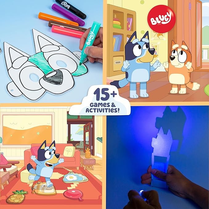 Bluey Imagination Case, 15 Games & Activities, Travel-Friendly Bluey Playset With Markers, Crayons, Balloons, Puppets & Games for 3 Year Olds, Fun Bluey Toys & Toddler Games, Bluey Party Decorations