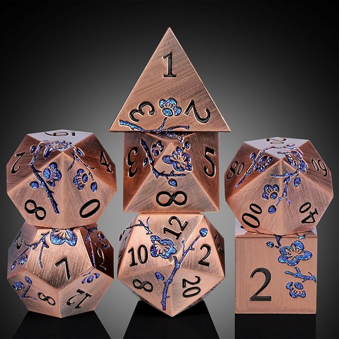 DNDND Metal Dice, 7 PCS Heavy Solid Metallic Flower DND Dice Set with Gorgeous Gift Case for D&D Dungeons and Dragon Tabletop Game (Ancient Copper)