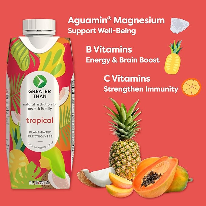 Greater Than Nutrient Hydration Beverage, Electrolyte Drink for Gut Health & Energy with Coconut Water, Vitamins, Gluten Free, Plant Based, Low Sugar, Tropical, 24 Pack