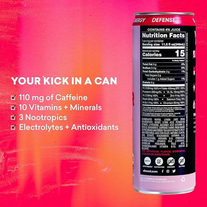 EBOOST Super Fuel Energy Drink - Strawberry Lemonade - 12 Pack x 11.5 Fl Oz - Caffeine from Natural & Clean Ingredients - Essential Electrolytes, Nootropics, and Vitamins - Sports Preworkout Drink