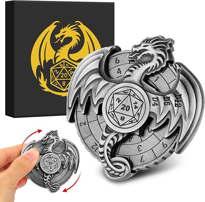 Spinner DND Dice Set, 7-in-1 Dragon Metallic D&D Dice, Dragon Roulette Dice Spinner for DND Dice Set, D&D Gifts with Gift Box, Role Playing Game Board Game Accessories, Silver
