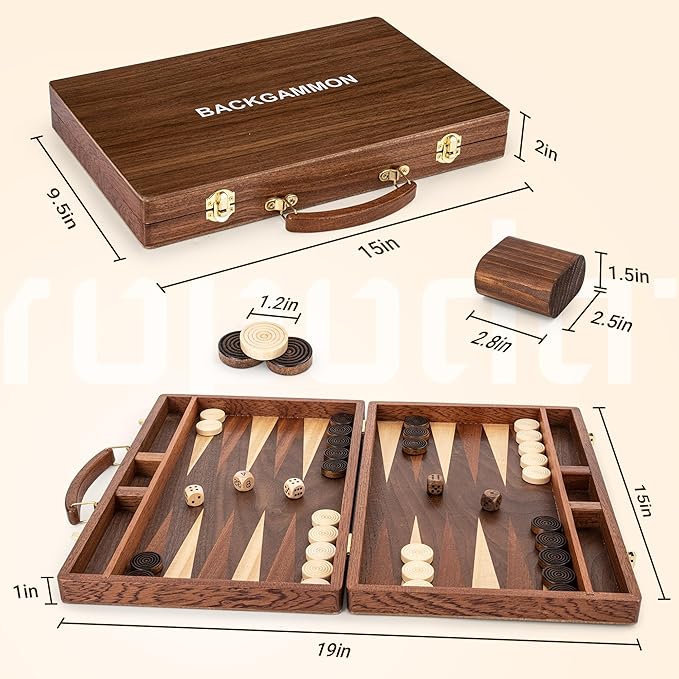 ropoda Sapele Wood Backgammon Board Game Set (15 Inches) for Adults and Kids - Classic Board Strategy Game - Portable and Travel Backgammon Set with Wooden Playing Pieces and Accessories