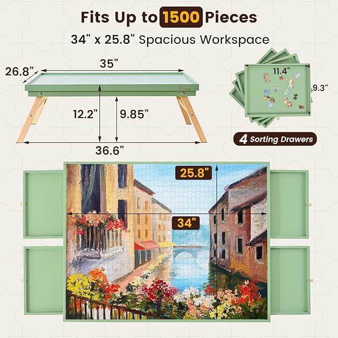 1500 Pieces Wooden Jigsaw Puzzle Board with Foldable Legs, 35"x26.8" Puzzle Table with 4 Drawers and Protective Cover, Large Wood Folding Jigsaw Puzzle Table for Adults and Teens, Mint Green