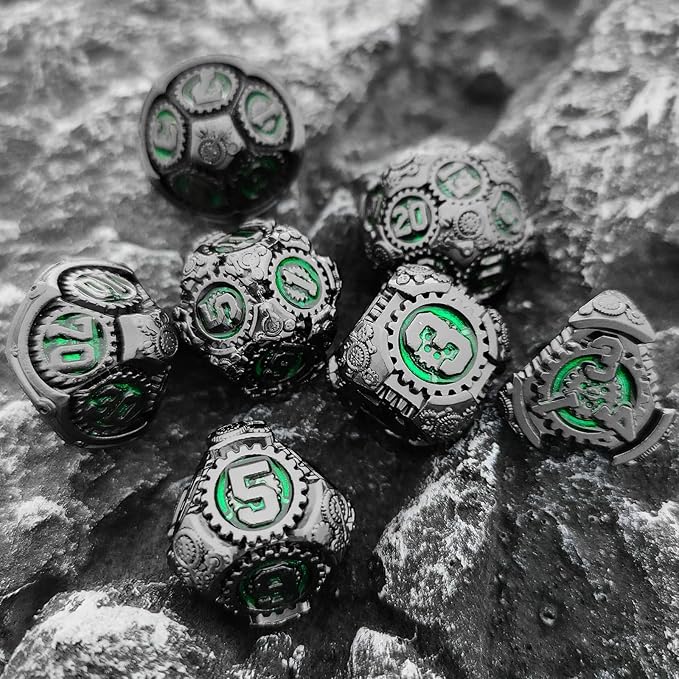 Geakeeper Construct D&D Dice, Metal DND Dice Set, 7Pcs Polyhedral Dragon Metallic D&D Dice with Gift Case for Dungeons and Dragon Game, RPG Role Playing Table Game Gifts (Black Nickel Green)