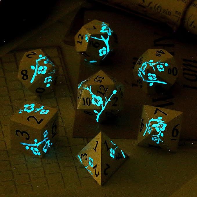 Glow in The Dark Flower Metal Dice, DNDND 7 PCS Blue Metallic D&D Dice Set with Gorgeous Gift Case for Dungeons and Dragon Tabletop Game (Glow in The Dark Blue)